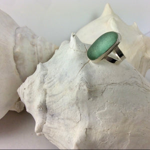 Deep Aqua Blue Chunky Oval Sea Glass Ring