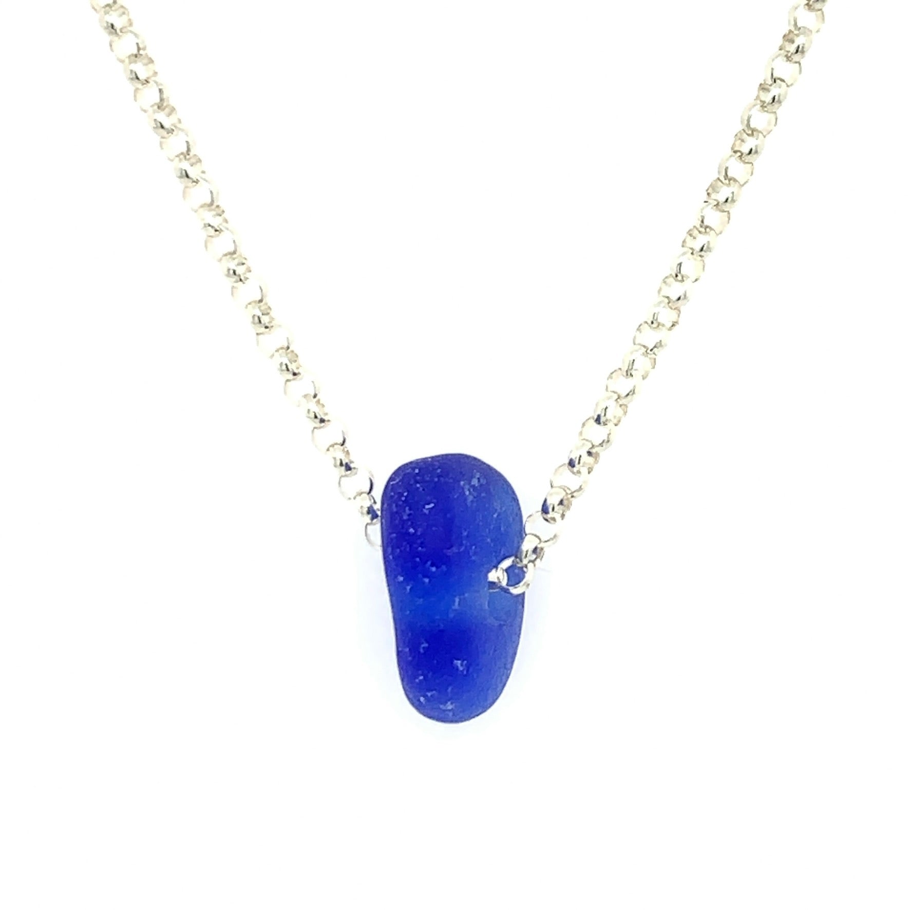 RARE PERFECT Cobalt Blue Sea Glass Necklace with Sterling Sea Turtle Charm  and 18