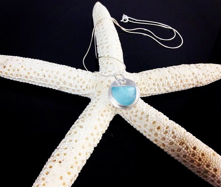 Bright Aqua Blue Half-Moon Sea Glass Circle Necklace
