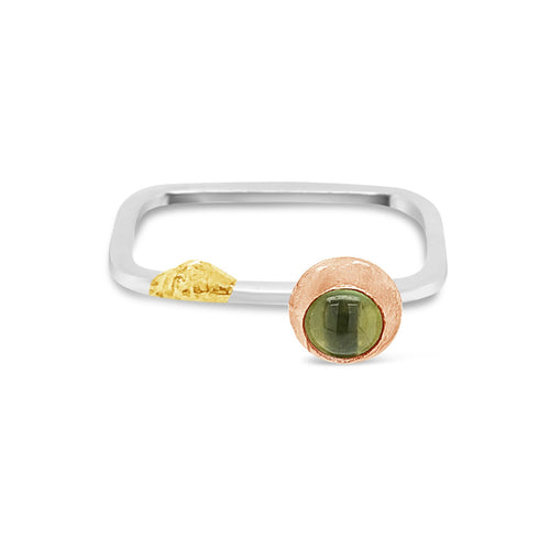 Peridot and Gold Square Silver Ring