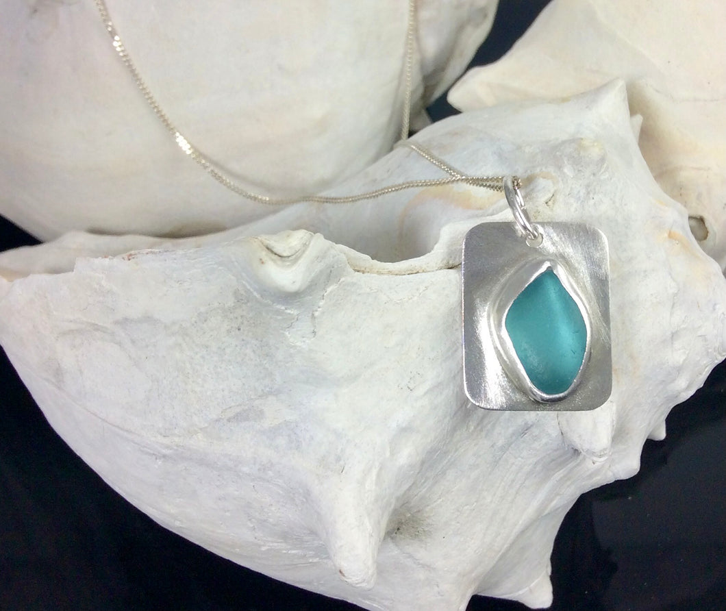 Aqua Blue Sea Glass Brushed Sterling Silver Necklace
