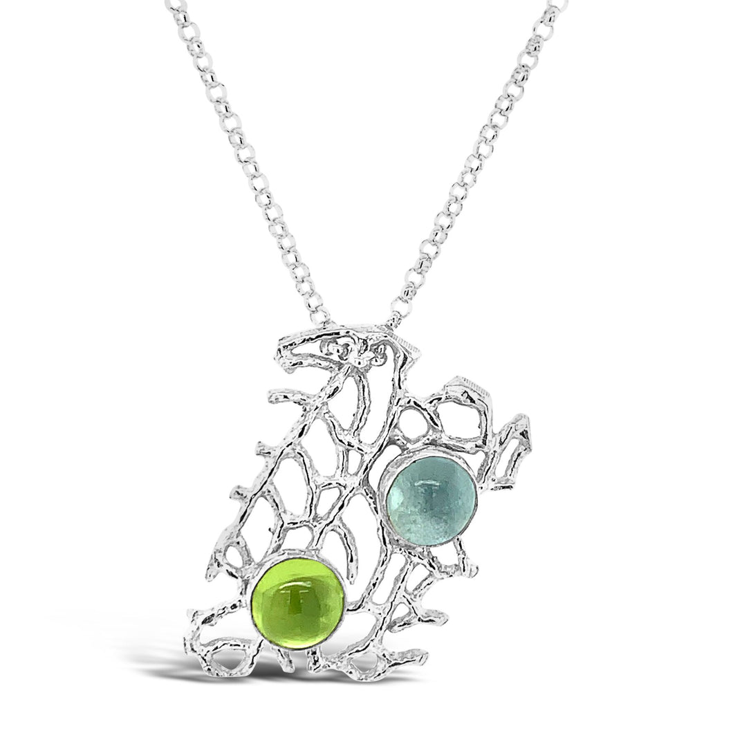 Floating Fan Coral Necklace with Peridot and Sky Blue Topaz