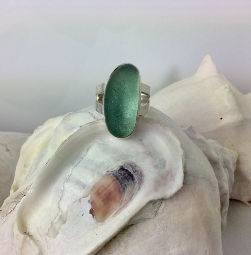Deep Aqua Blue Chunky Oval Sea Glass Ring
